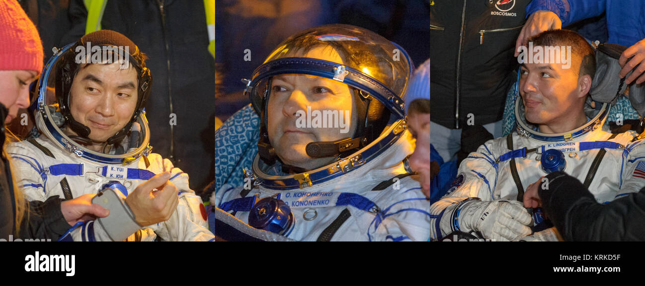 Kimya Yui der Japan Aerospace Exploration Agency (JAXA) Rest in einem Stuhl nur wenige Minuten nachdem er und Kjell Lindgren der NASA und Oleg Kononenko der russischen Föderalen Raumfahrtagentur (Roskosmos) in ihrer Sojus TMA-17 M Sonde in einer abgelegenen Gegend in der Nähe der Stadt Zhezkazgan, Kasachstan am Freitag, 11. Dez., 2015 gelandet. Kononenko, Lindgren, und Yui Rückkehr nach 141 Tagen im All, wo sie als Mitglieder der Expedition 44 und 45 Mannschaften diente der Internationalen Raumstation an Bord. Photo Credit: (NASA/GCTC/Andrey Shelepin) Sojus TMA-17 M Mannschaft kurz nach der Landung Stockfoto