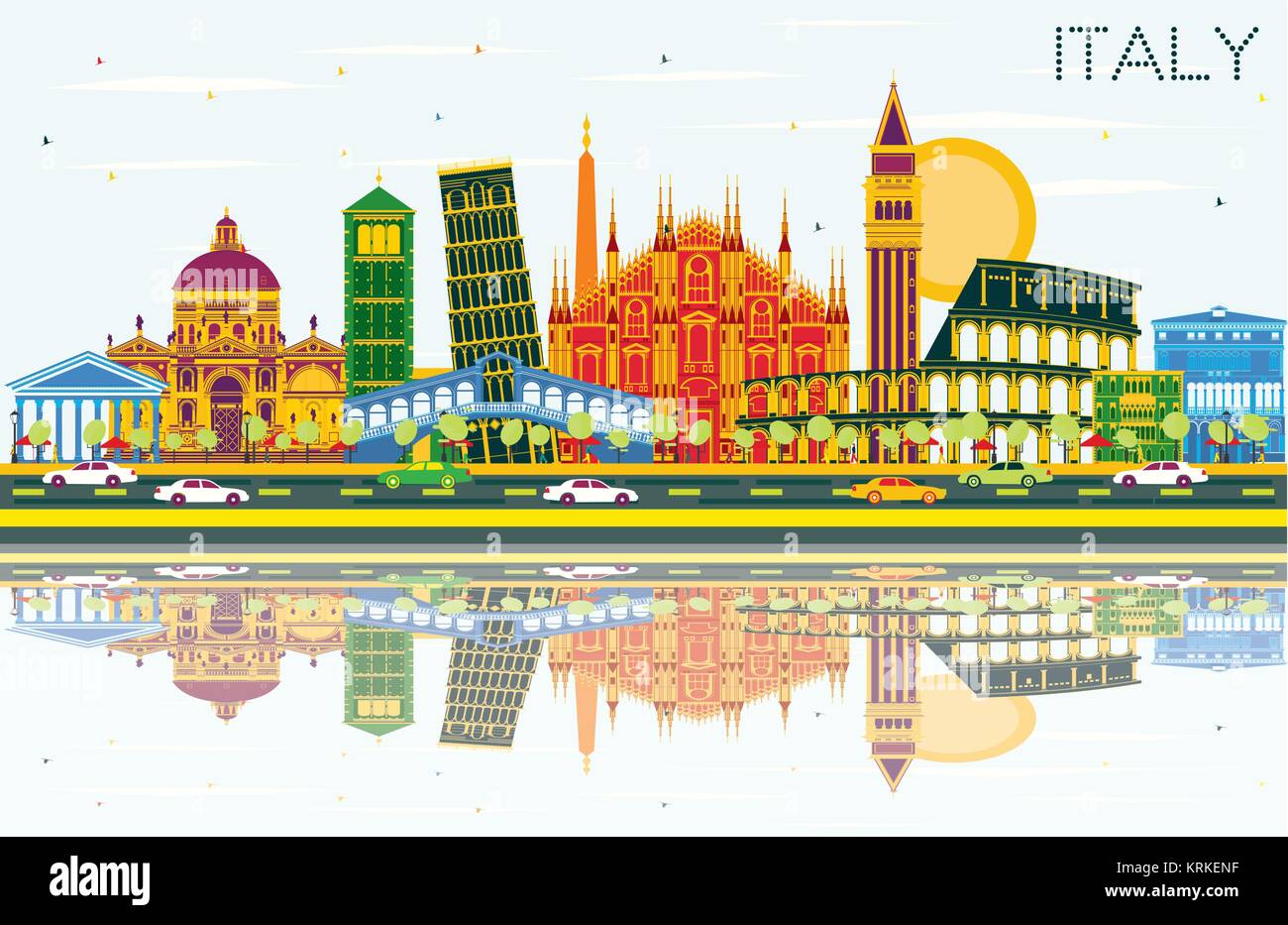 Italien Skyline der Stadt mit Sehenswürdigkeiten und Reflexionen. Vector Illustration. Business Travel und Tourismus Konzept mit historischer Architektur. Bild fo Stock Vektor