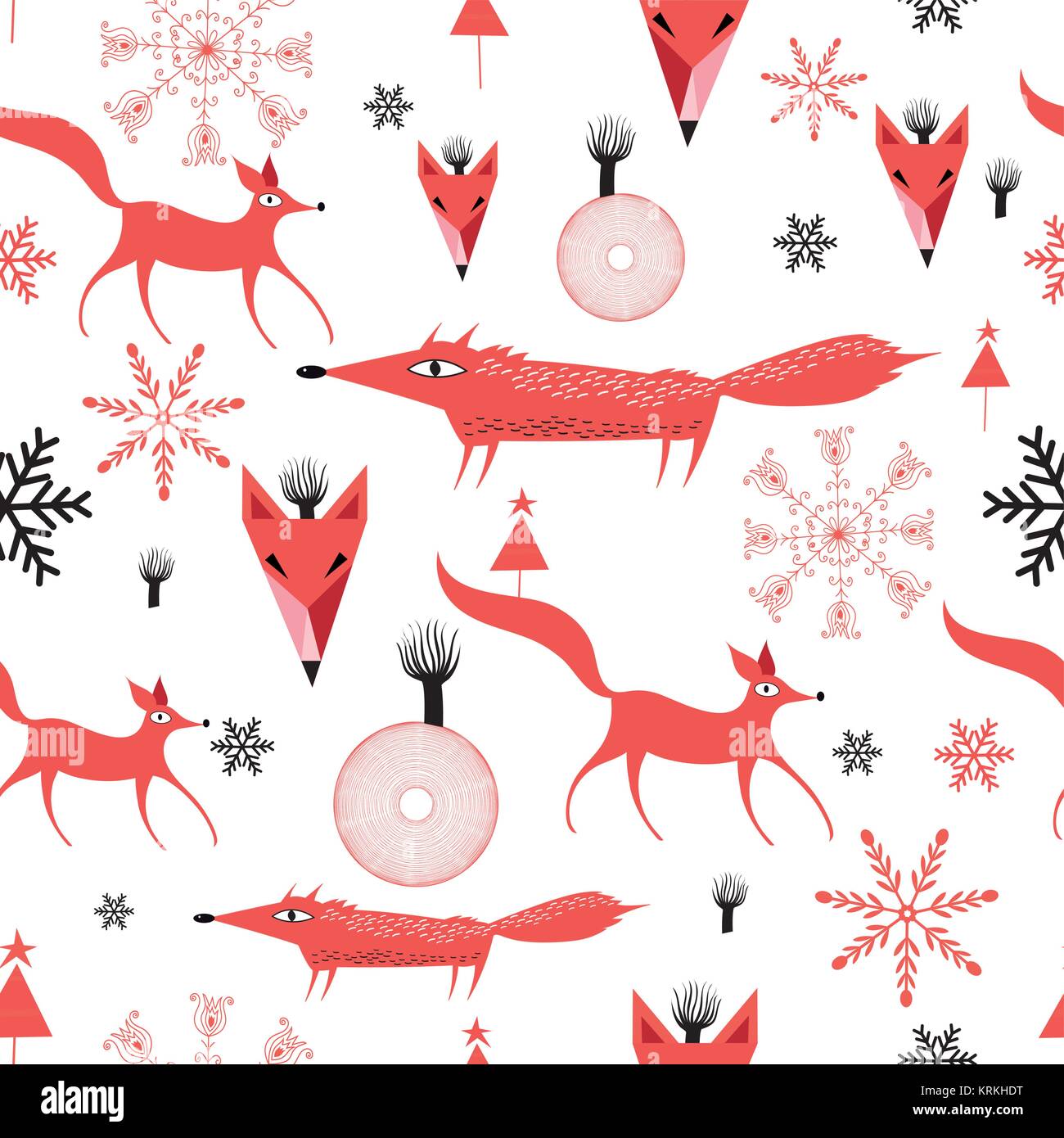 Neue Jahre Muster der Red Foxes auf weißem Hintergrund mit Schneeflocken Stock Vektor