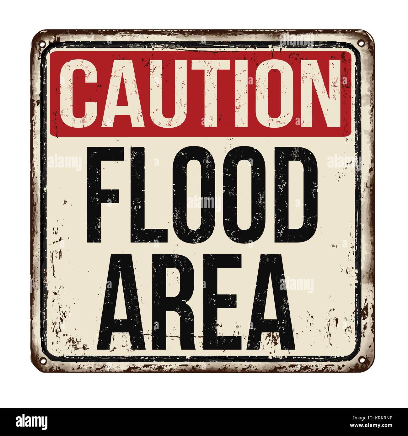 Vorsicht Überschwemmungsgebiet vintage rostiges Metall Zeichen auf weißem Hintergrund, Vector Illustration Stock Vektor