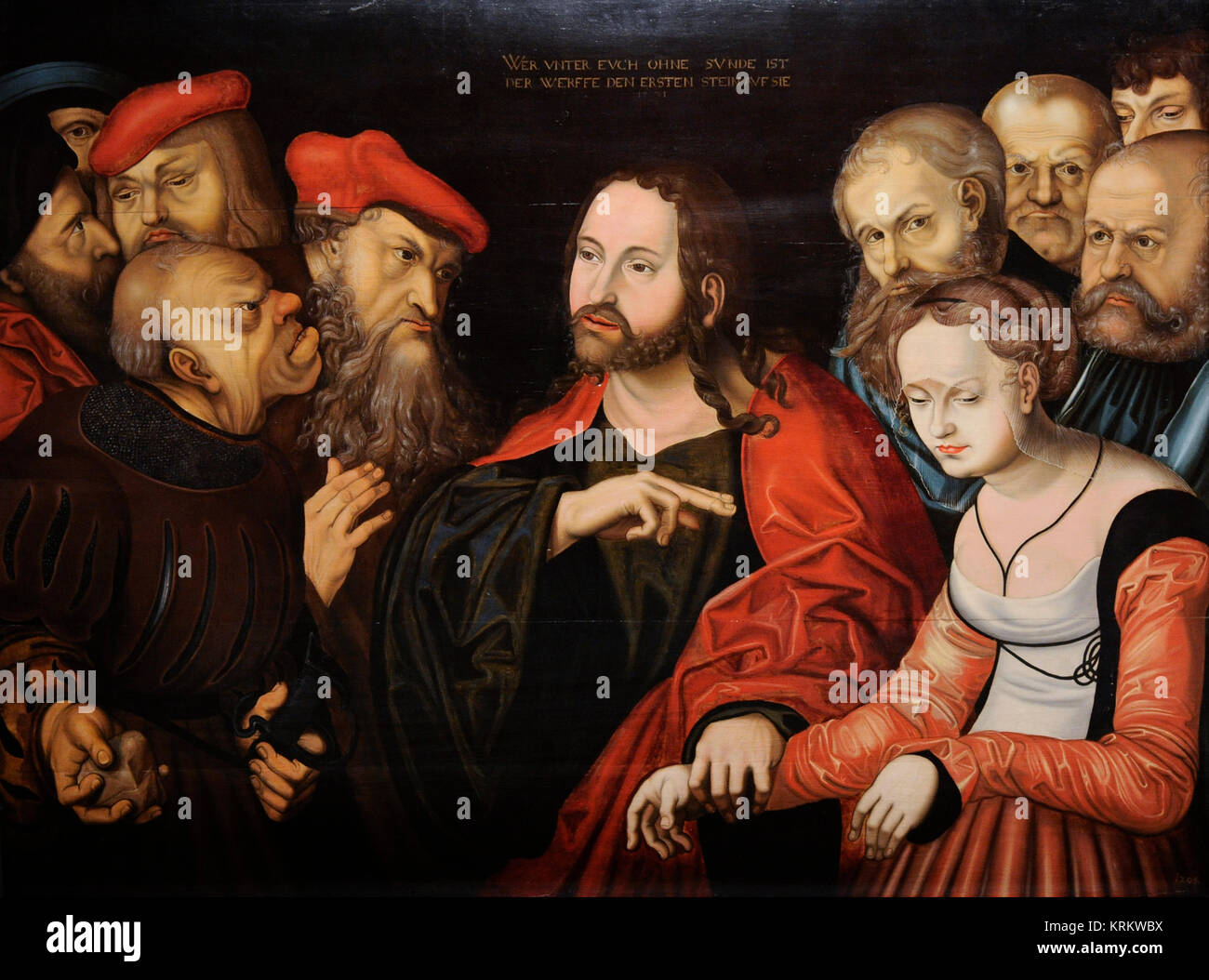 Anhänger von Lucas Cranach dem Älteren (16. Jahrhundert). Christus und der Frau, die beim Ehebruch, 1531 übernommen. National Gallery. Oslo. Norwegen. Stockfoto