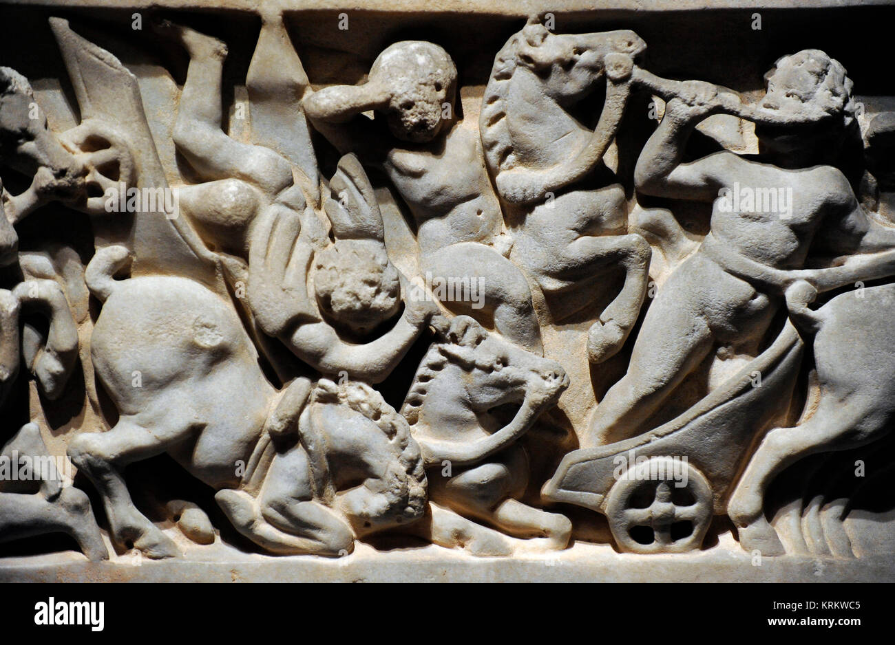 Römischer Sarkophag mit der Darstellung eines Karren Rennen im Zirkus. Detail. Ende der Antonine Ära. Unbekannter Künstler. Marmor. National Gallery. Oslo. Norwegen. Stockfoto