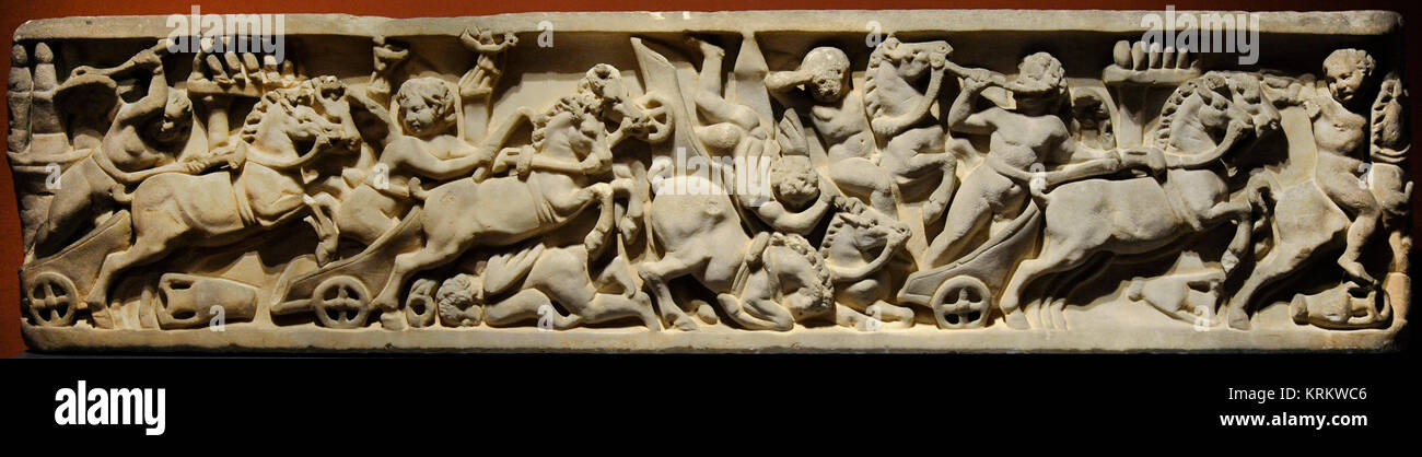 Römischer Sarkophag mit der Darstellung eines Karren Rennen im Zirkus. Ende der Antonine Ära. Unbekannter Künstler. Marmor. National Gallery. Oslo. Norwegen. Stockfoto