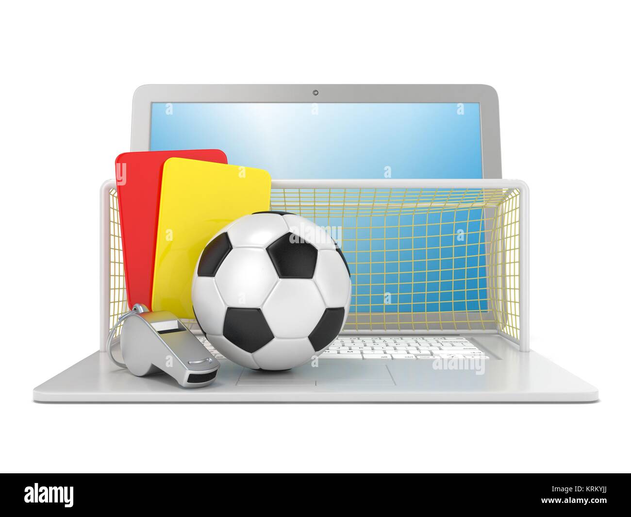 Fußball-Konzept. Strafe (Rot und Gelb) Karte, Metall pfeifen, Fußball (Fußball) Ball und Tor auf Laptop, 3D-isoliert Stockfoto