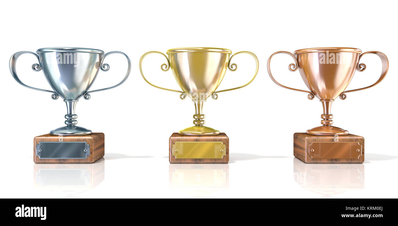 Drei Cup Trophäen, Gold, Silber und Bronze. 3D Stockfoto