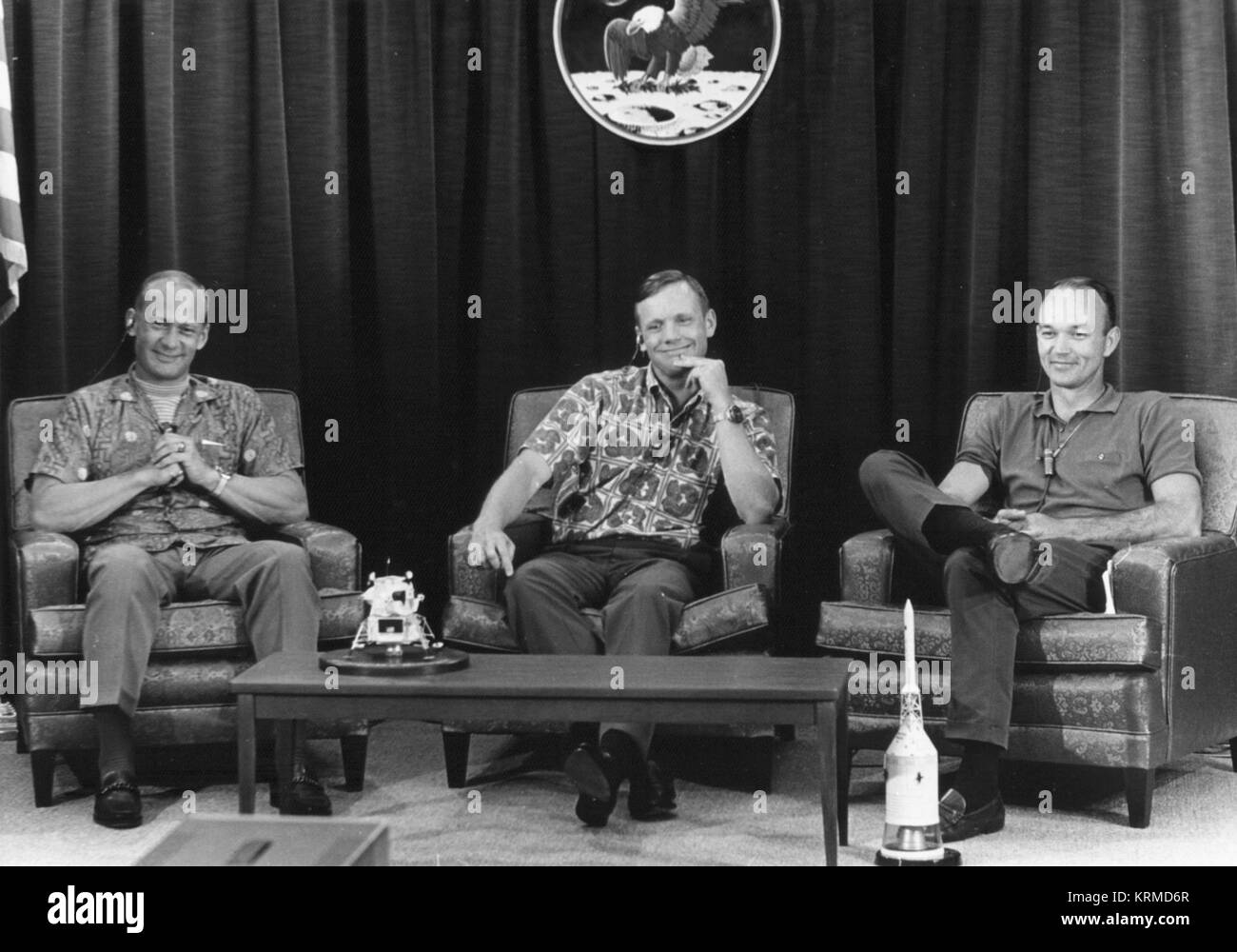 Buzz Aldrin, Neil Armstrong, Michael Collins während der letzten Pressekonferenz vor dem Flug Stockfoto