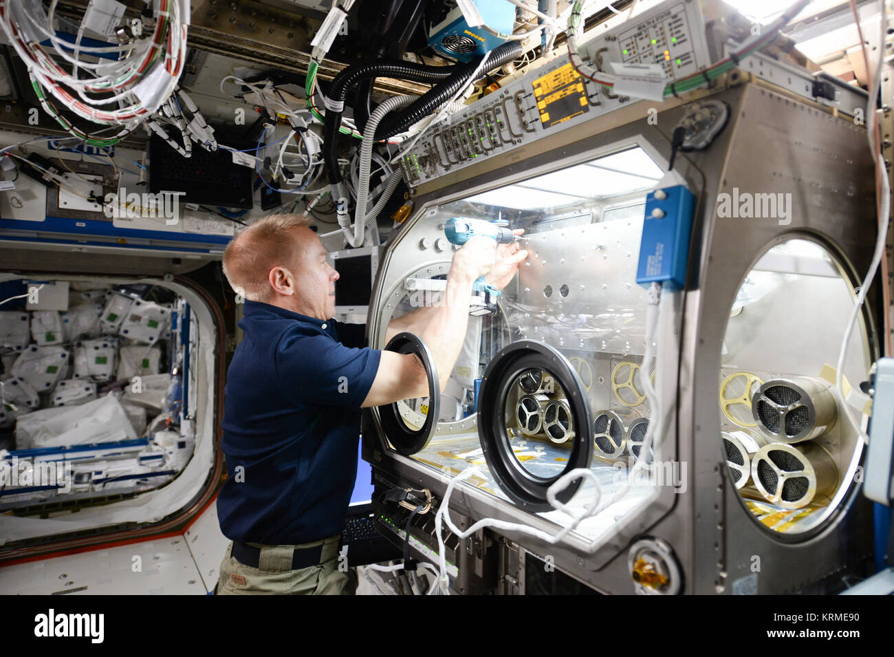 ISS-47 Tim Kopra konfiguriert den Handschuhkasten für Schwerelosigkeitsforschung im Schicksal lab Stockfoto