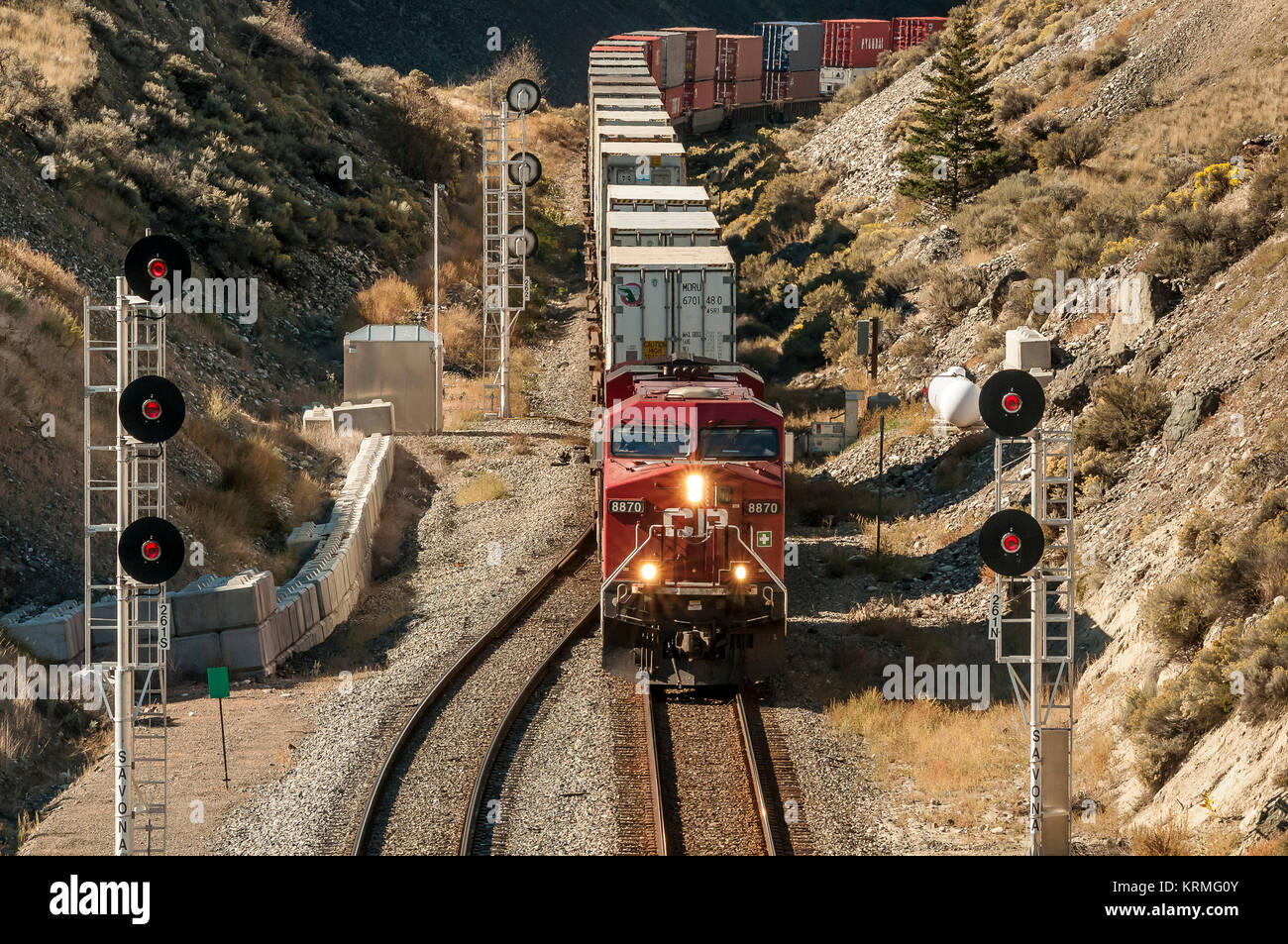 CP Rail intermodalen Zug Richtung Osten von Loco8870 leitet Signale an Savona - Kamloops Lake BC-led Stockfoto