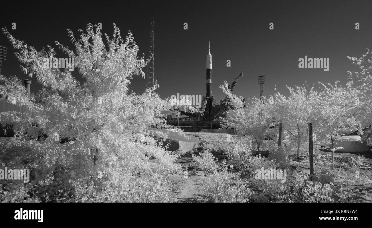 Die Sojus MS-05 Raumschiff ist in diesem schwarzen und weißen Infrarot Ansicht nach in eine vertikale Position auf der Startrampe auf dem Kosmodrom Baikonur, Kasachstan, am Mittwoch, 26. Juli 2017 angehoben werden. Expedition 52 Bordingenieur Sergei Ryazanskiy von Roskosmos, Flight Engineer Randy Bresnik der NASA, und Flugingenieur Paolo Nespoli der ESA (European Space Agency), werden festgelegt, an die Internationale Raumstation an Bord der Sojus-Kapsel vom Kosmodrom Baikonur zu am 28. Juli. Photo Credit: (NASA/Joel Kowsky) Expedition 52 Rollout (NHQ 201707260039) Stockfoto