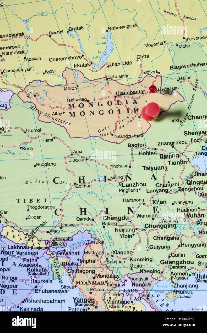 Mongolei Karte Mit Rotem Stift Stockfotografie - Alamy