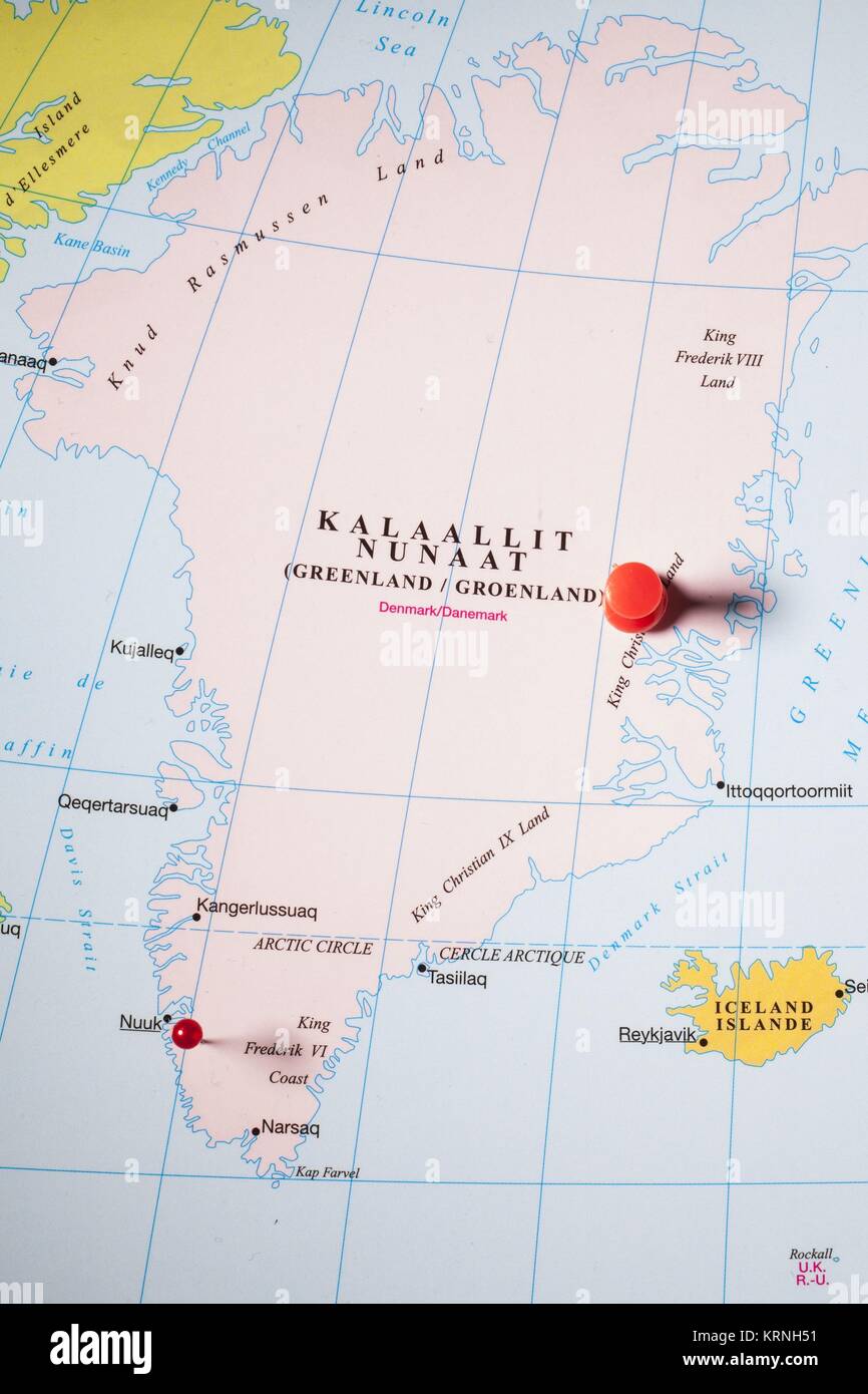 Pinned Kalaallit Nunaat Karte anzeigen Stockfoto