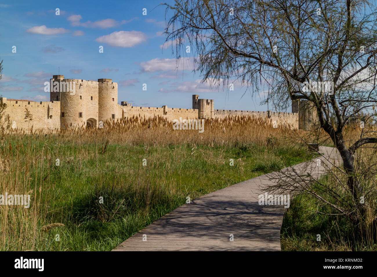 Die Wände, die die mittelalterliche Stadt Aigues-Mortes, vom Salt Marsh Gehweg gesehen. Aigues-Mortes, Frankreich. 2017. Stockfoto