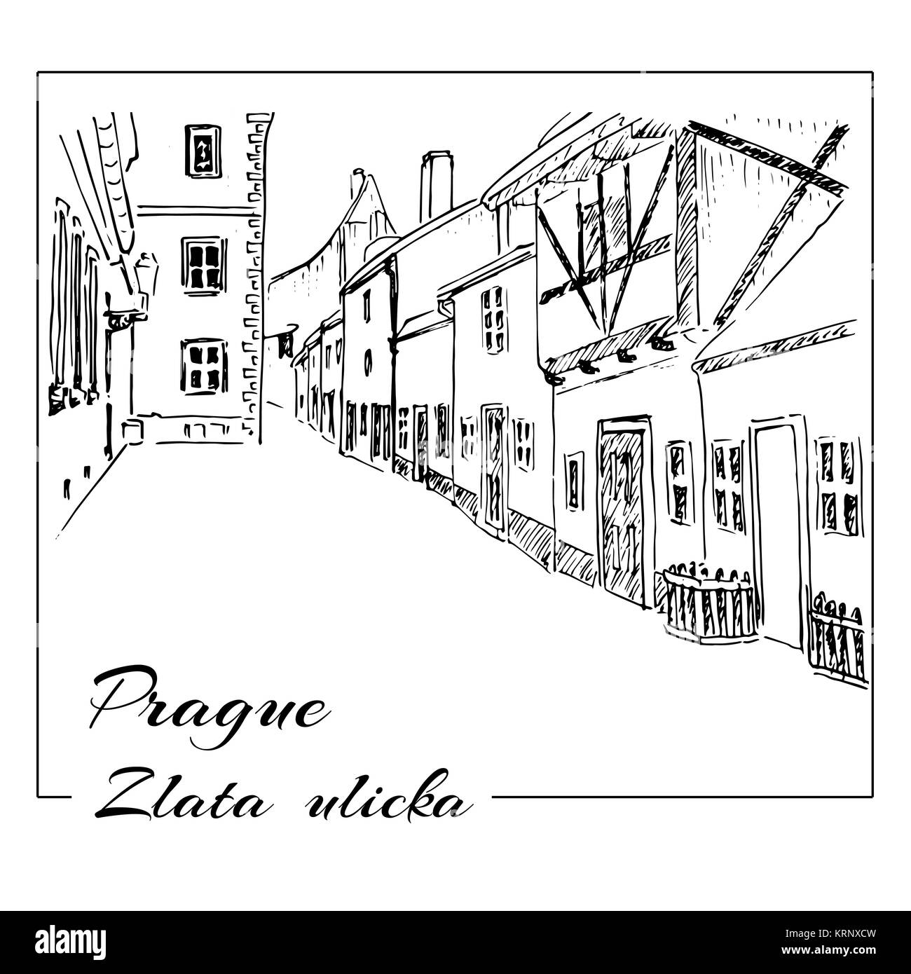Prag. Vektor Hand gezeichnete Skizze. Zlata ulička - Goldene Straße. Stockfoto