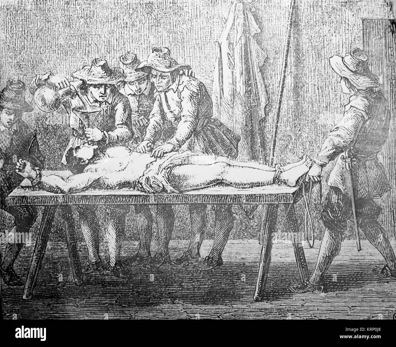 Gravur mit Formen der Folter im Mittelalter in Europa. Stockfoto