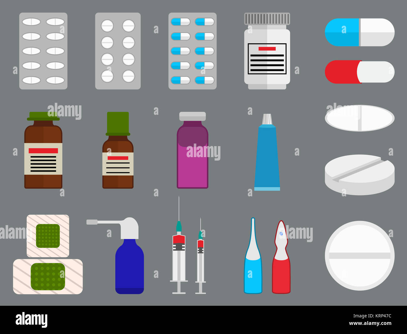 Tabletten und Medizin Satz flacher Symbole auf grauem Hintergrund Stockfoto