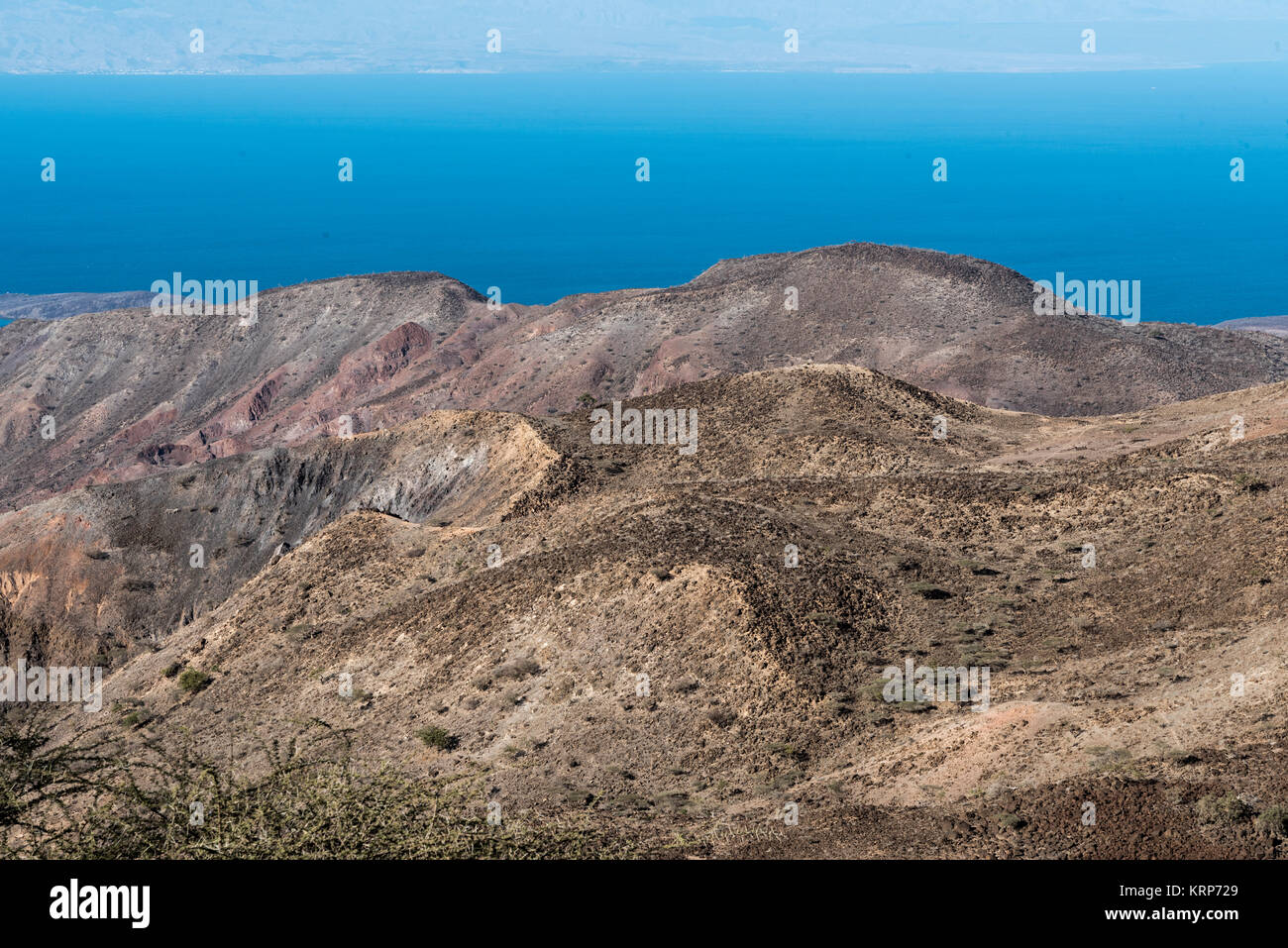 Einen Blick auf den Golf von Tadjoura von Arta, Dschibuti, Ostafrika - Berge von Arta Stockfoto