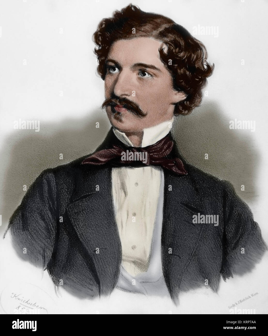 Johann Strauss II (1825-1899). Österreichischen Komponisten der leichten Musik. Porträt. Kupferstich von Joseph Kriehuber (1800-1876), 1853. Gefärbt. Stockfoto