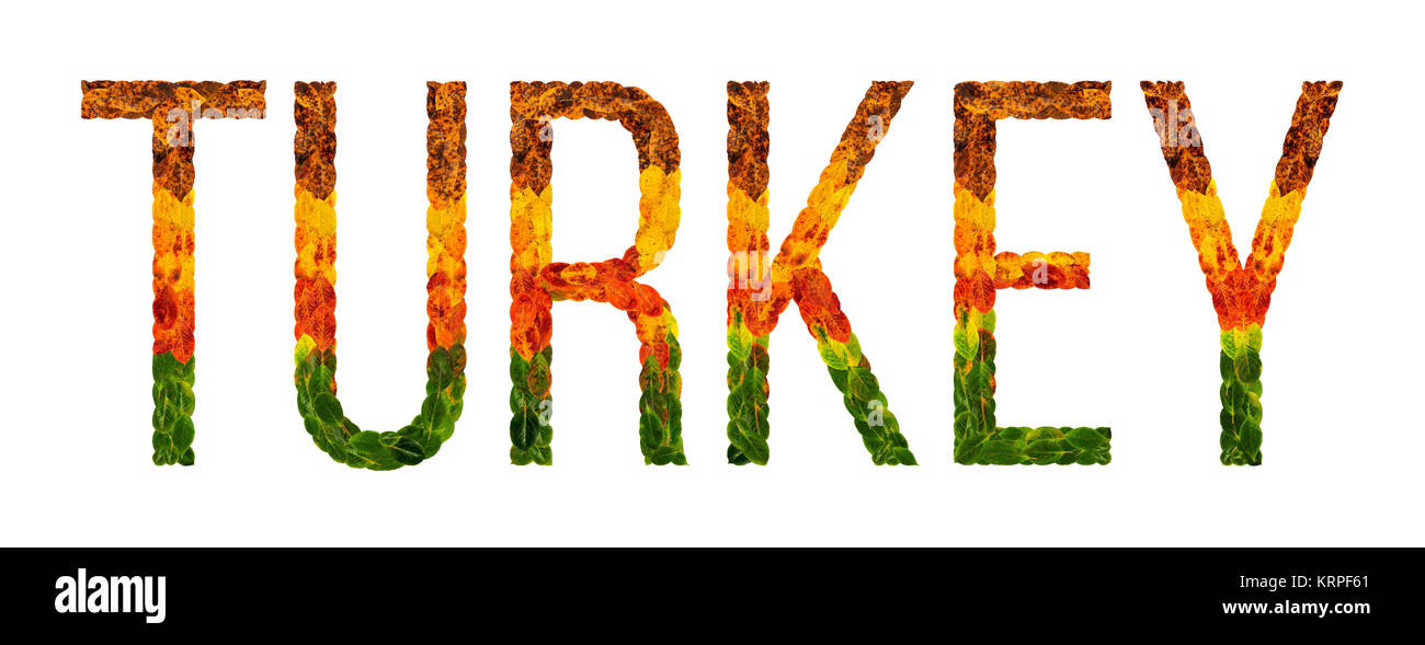 Wort Türkei Land ist mit Blättern auf weißem Hintergrund isoliert geschrieben, ein Banner für den Druck, eine kreative Entwicklungsland farbigen Blätter, Türkei Stockfoto