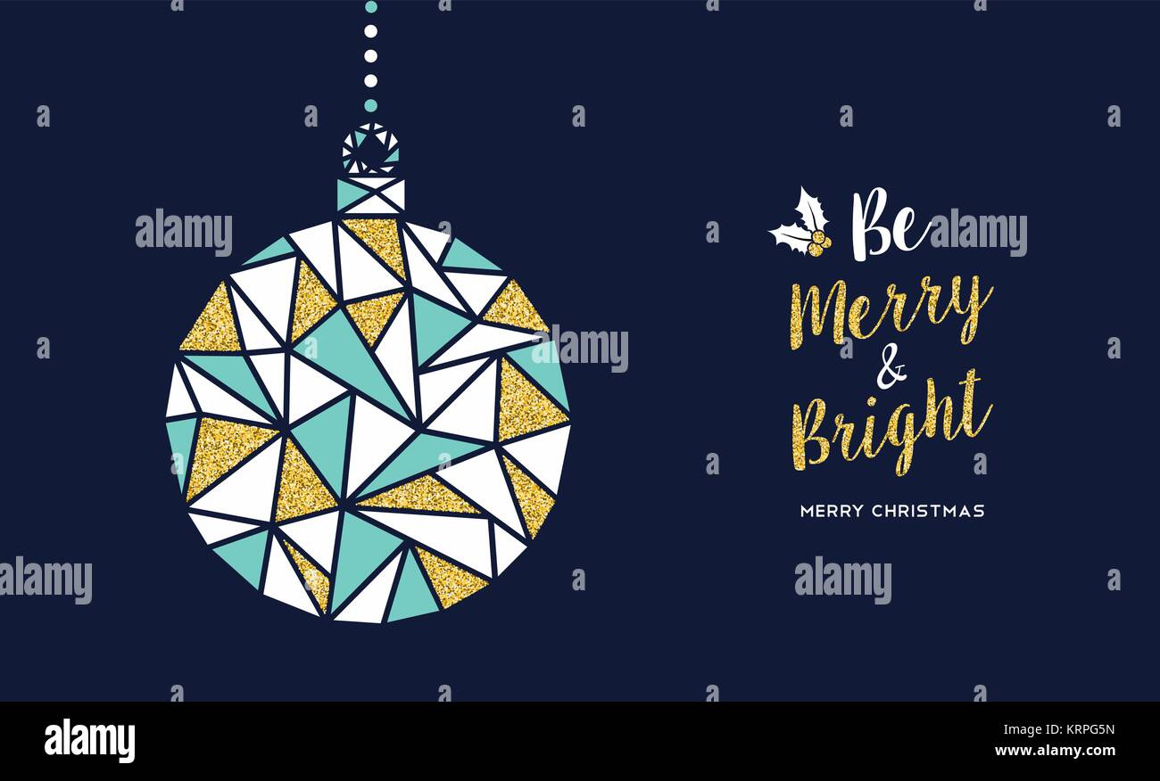 Frohe Weihnachten elegante Grußkarten mit happy holiday Nachricht und abstrakte Low Poly style XMAS Aufhänger aus gold Glitter Textur. EPS 10 Vektor. Stock Vektor