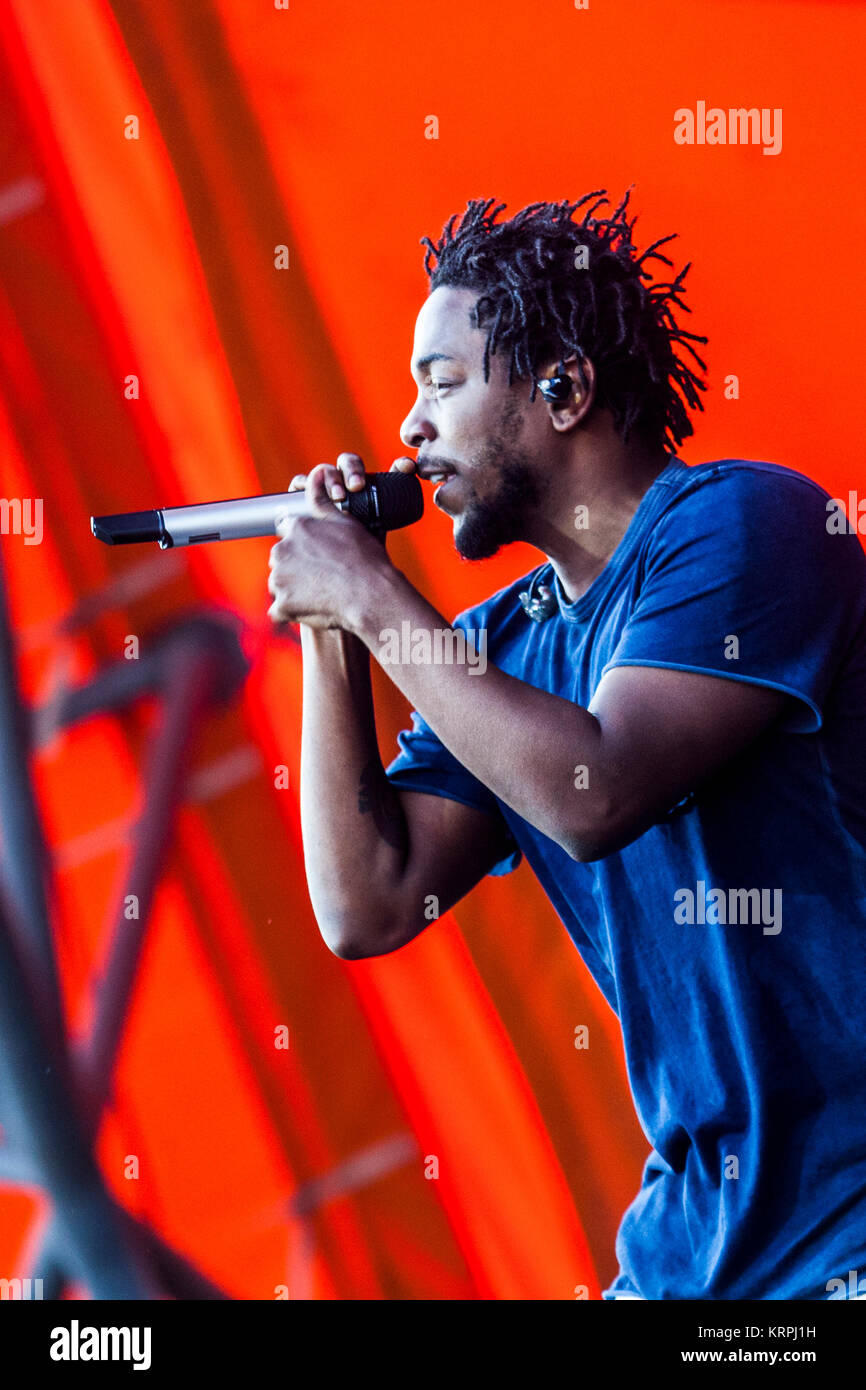 Der amerikanische Rapper und Lyriker Kendrick Lamar führt ein Live Konzert in der Orange Stage bei den Danish Music festival Roskilde Festival 2015. Dänemark, 03/07 2015. Stockfoto