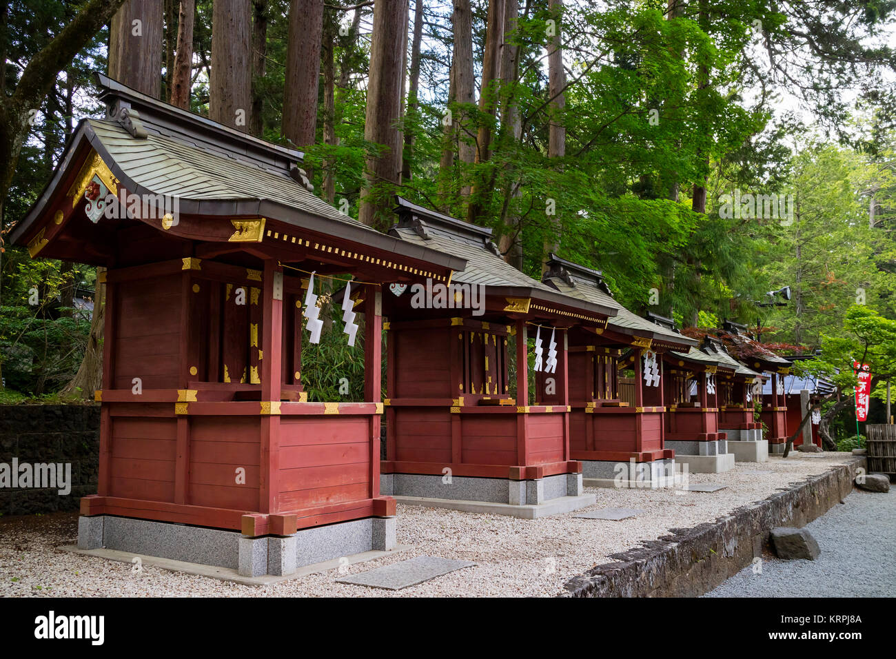 Fujiyoshida City, Japan - 13. Juni, 2017: Reihe von kleinen roten Schreine in Fujiyoshida Sengen Shrine in Fujiyoshida Stadt Stockfoto