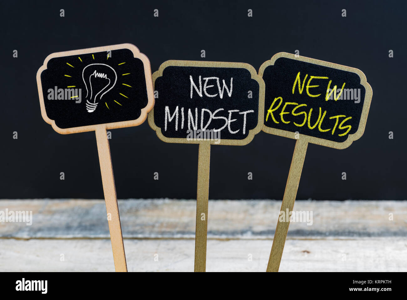 Konzept Nachricht Neue denkrichtung neue Ergebnisse und Glühbirne als Symbol für Idee Stockfoto
