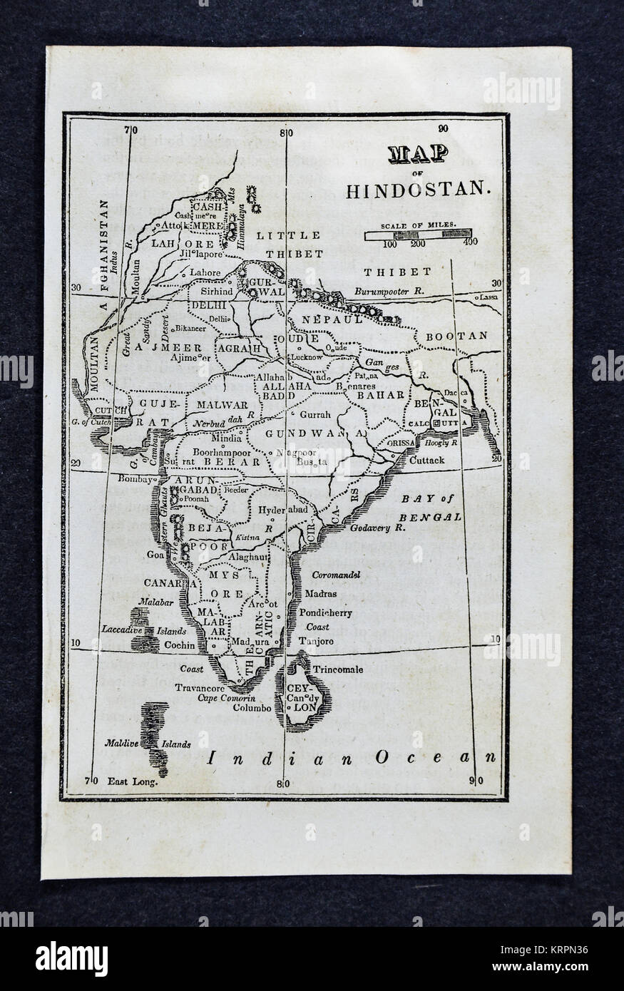 1830 Nathan Hale Karte - Indien - Bombay Calcutta Delhi Madras Sri Lanka Goa Nepal Tibet Stockfoto