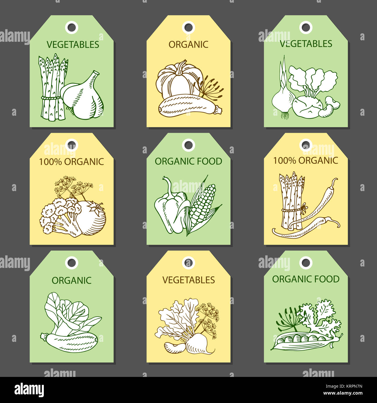 Etiketten mit verschiedenen Gemüse und Inschriften. Stockfoto