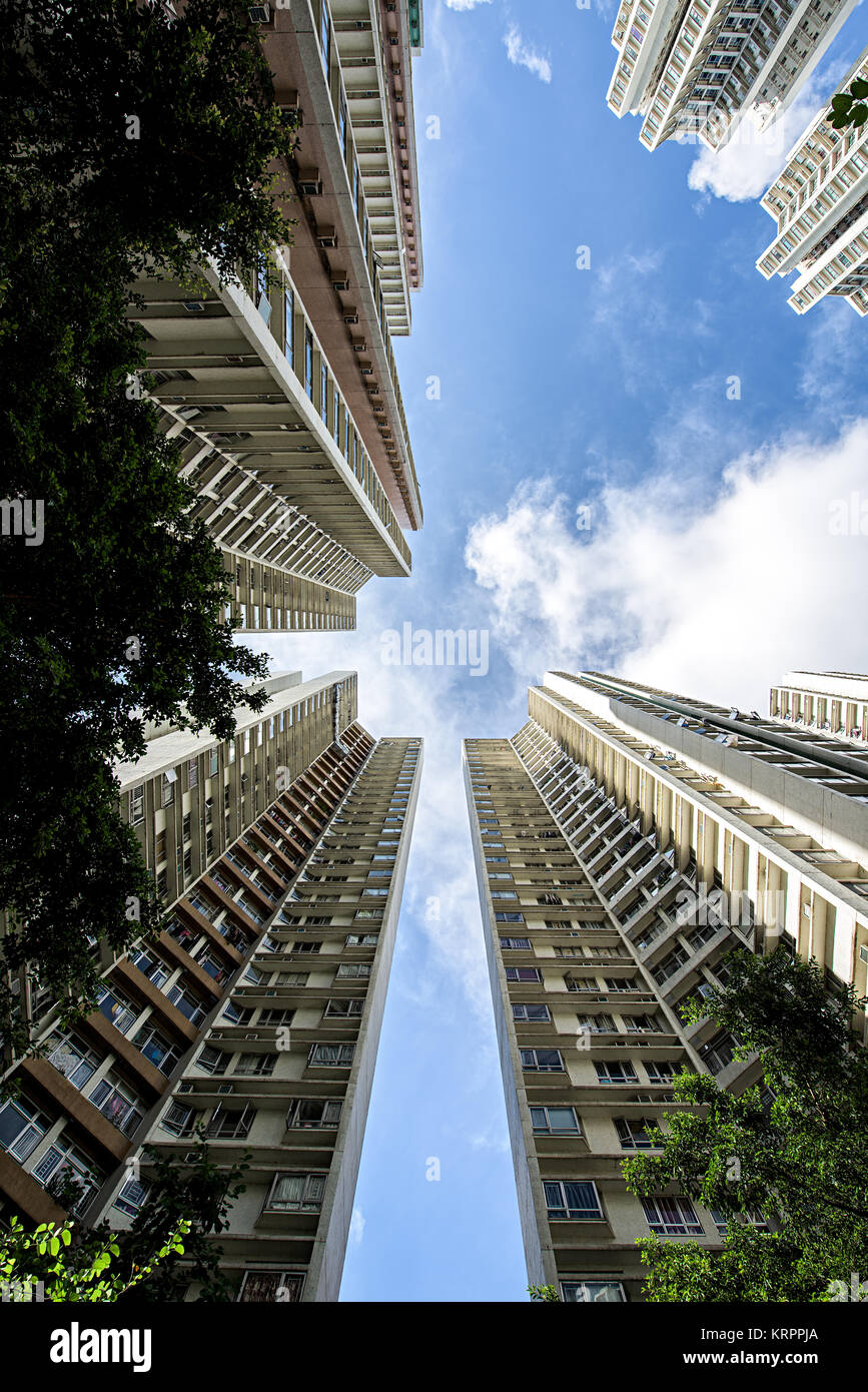 Ein Schuß von Hong Kong Kowloon Wolkenkratzer von Unten Stockfoto