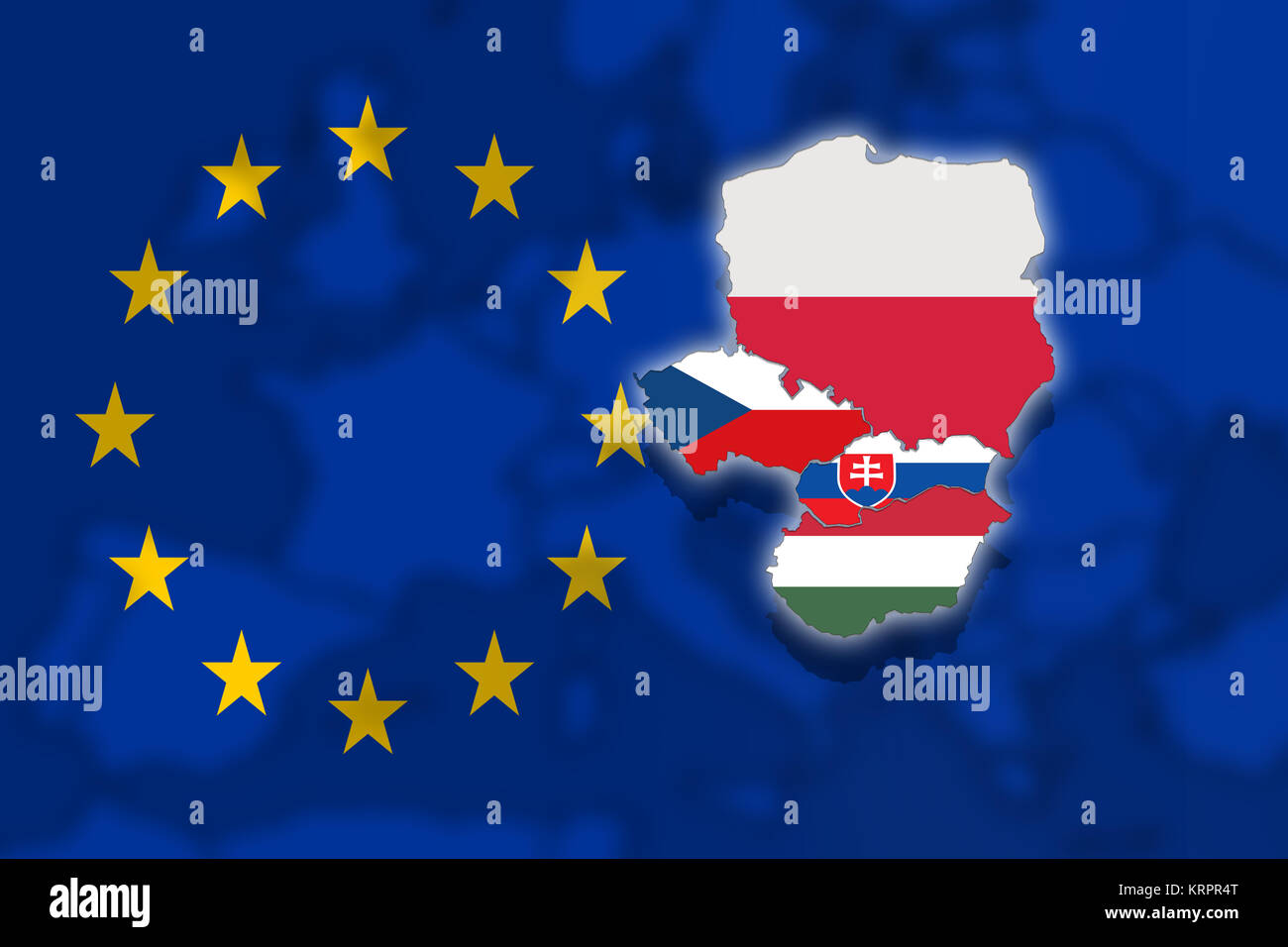 Â Â v4 Visegrád-Gruppe auf blured Hintergrund Europa und euro Flagge, Polen, Tschechische Republik, Slowakei, Ungarn Stockfoto