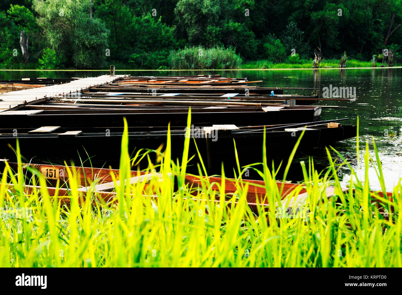 Flache Boote auf den Rückstau im Sommer, Ungarn Stockfoto