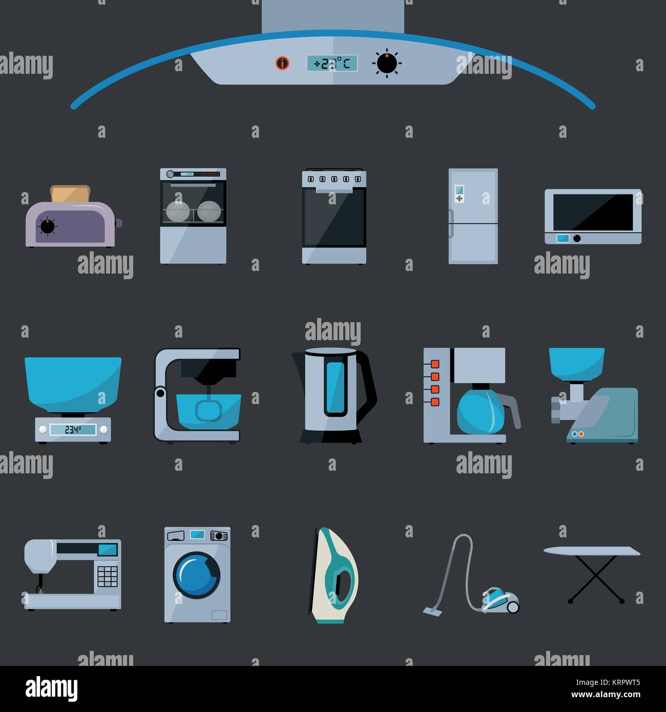 Eingestellt von Haushaltsgeräten flachbild Symbole auf schwarzem Hintergrund Stock Vektor