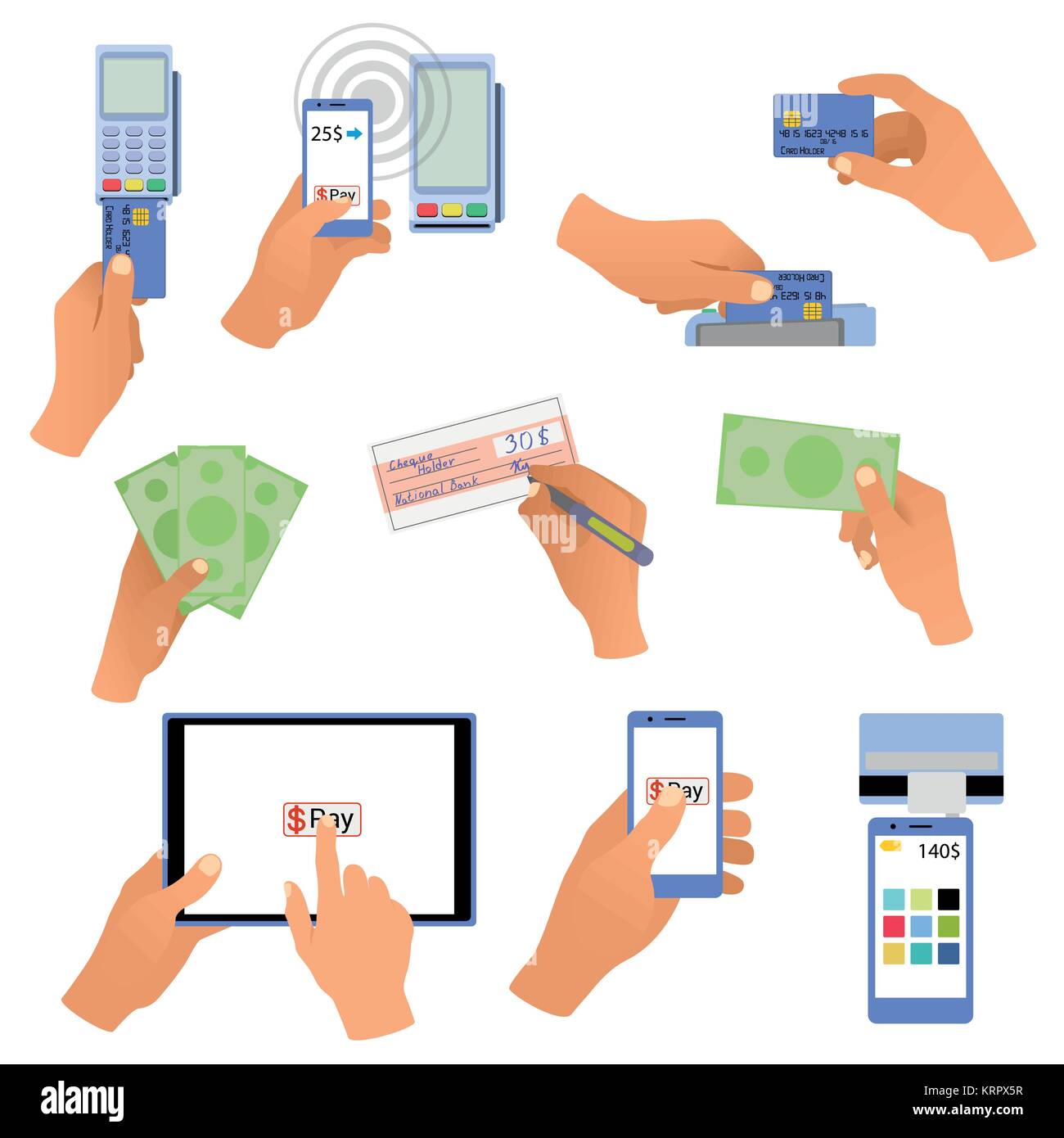 Alle für die Zahlungen: Hände, die Karten, POS-Terminal, Unterschrift prüfen, online und Wireless Payment, Hand mit Geld Stock Vektor