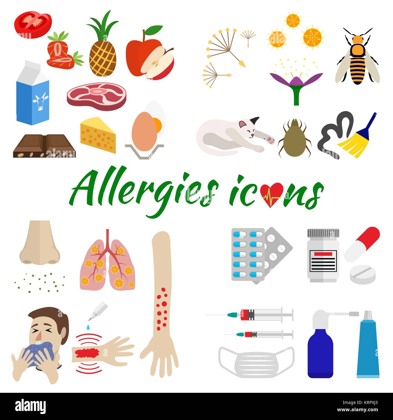 Die Icons sind allergische aufgeteilt nach Kategorie auf Allergene, Symptome und Behandlung. auf weißem Hintergrund Stock Vektor