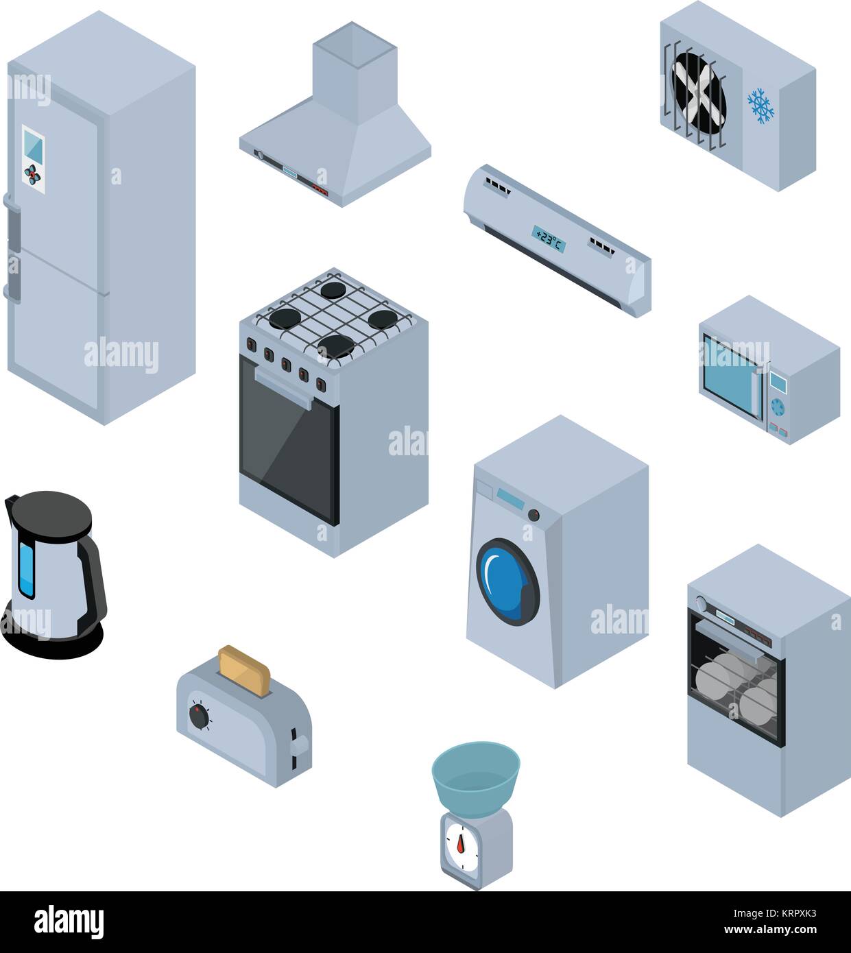 Haushaltsgeräte isometrische Symbole mit Kühlschrank, Herd, Waschmaschine, Geschirrspüler isoliert Vector Illustration Stock Vektor