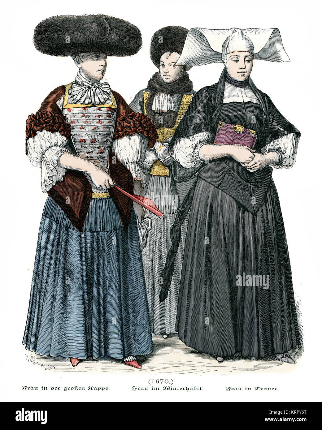 Vintage Gravur von Frauen Mode des 17. Jahrhunderts in Straßburg. Frau im Winter Kleidung und die Frau in der Trauer Stockfoto