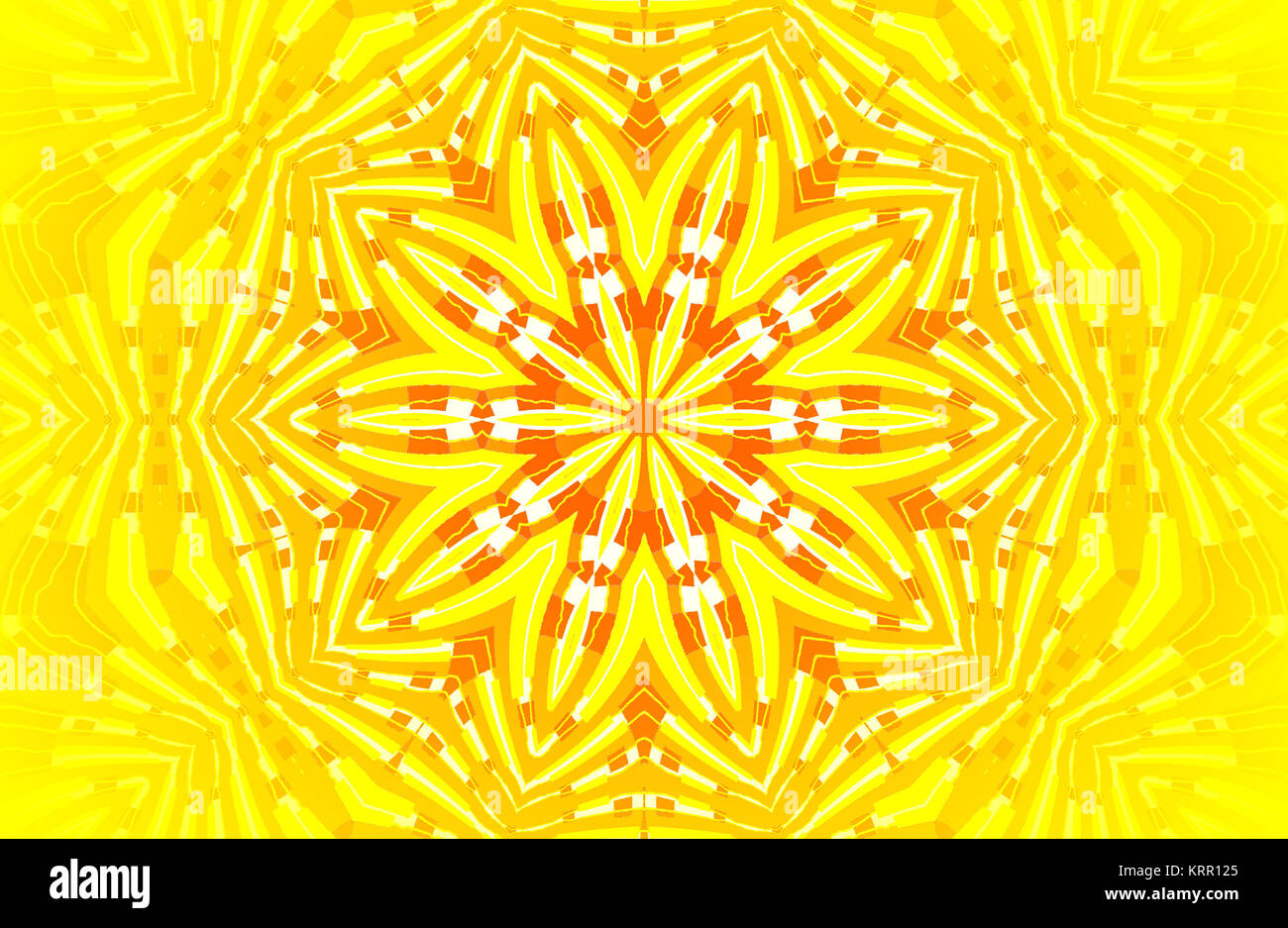 Abstrakte geometrische nahtlose Hintergrund. Regelmäßige verzierten Stern ornament helles Gelb mit Orange und weiße Elemente, zentriert und verschwommen. Stockfoto