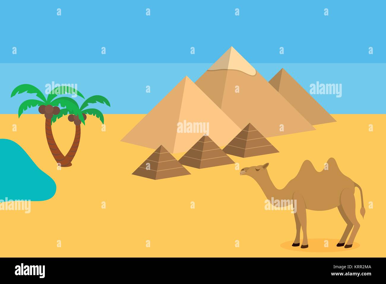 Kamel in der Wüste Sahara mit den Pyramiden und Palmen. Stock Vektor