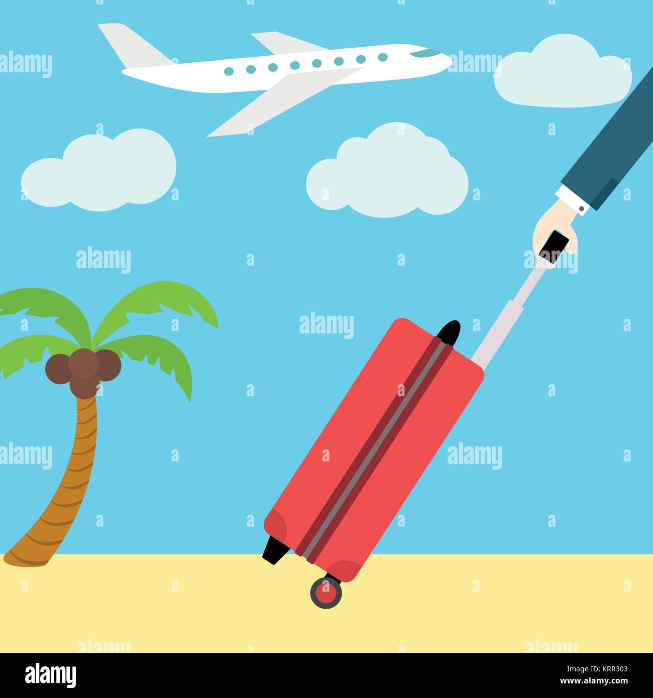 Vektor Flachbild-Fahne. In den Urlaub fahren. Ein Mann mit einem Koffer auf Rädern. Flugzeug und Palmen im Hintergrund. Stock Vektor