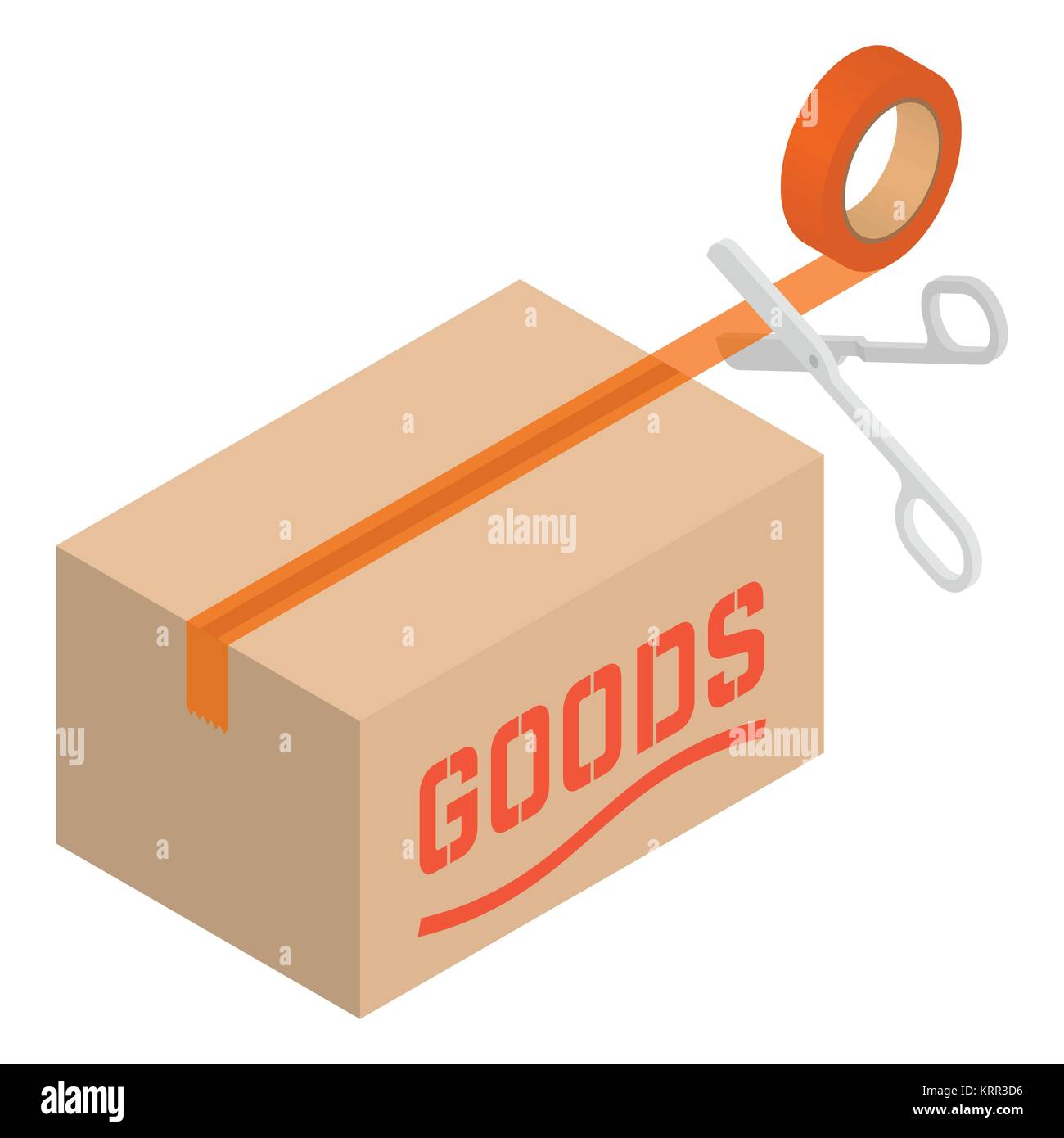 Karton ist versiegelt, Klebeband. Schere schneiden. Das Wort waren auf dem Feld. Isometrische Vector Illustration. Stock Vektor