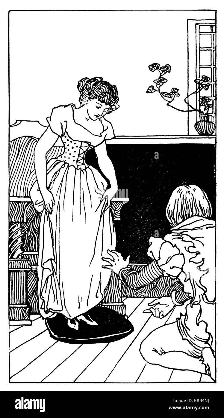 Aschenputtel, die versuchen, auf Slipper, Illustration von englischen Künstler und Designer Robert Anning Bell, J M Dent & Co., London 1894 Stockfoto