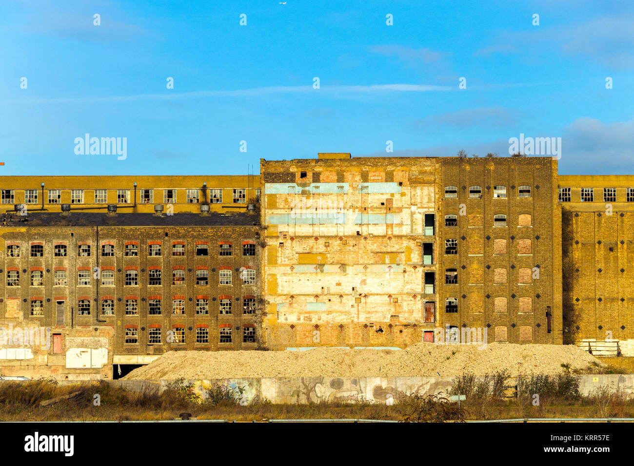 Das Millennium Mills ist ein verfallenes Wende des 20. Jahrhunderts Mühle in West Silvertown auf der Südseite des Royal Victoria Dock, London, England Stockfoto