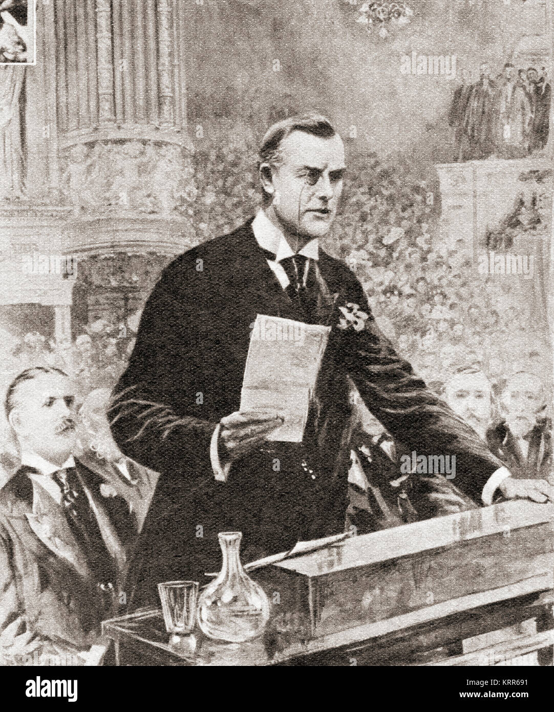 Die Eröffnungsrede von Joseph Chamberlain in Glasgow, Schottland, 1903. Joseph Chamberlain, 1836 - 1914. Britische Staatsmann, die erste war eine radikale Liberale, dann, nach dem gegen Home Rule für Irland, einem liberalen Unionisten. Stockfoto