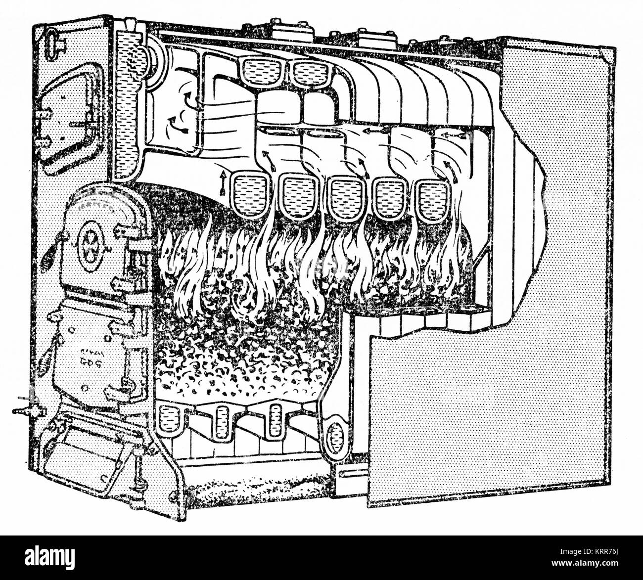Gravur einer Querschnitt durch eine Gusseisen Boiler genommen. Von einem Stich in den 1890er Jahren gemacht. Stockfoto