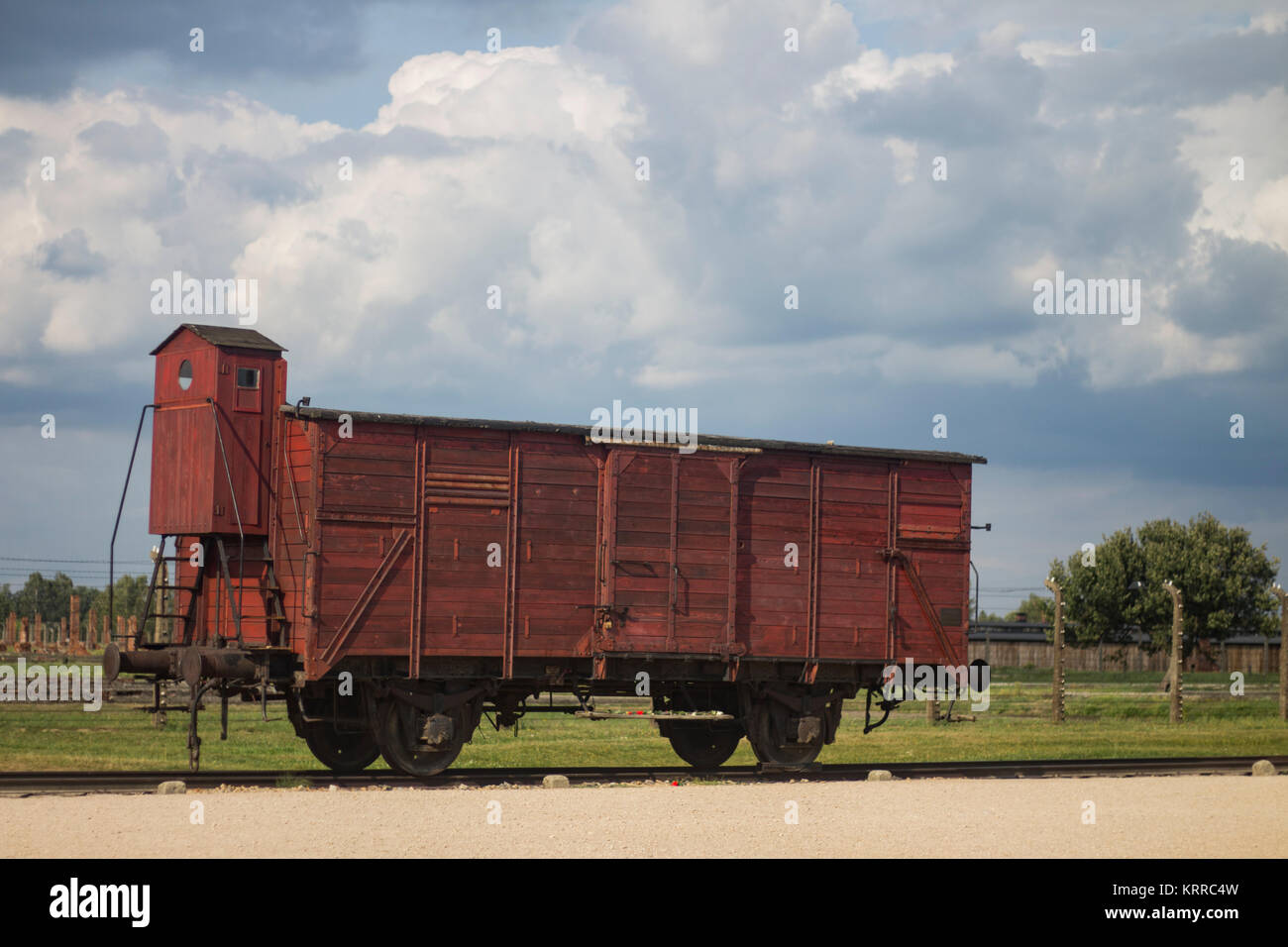 Ein Zug Warenkorb benutzt, um Menschen zu Auschwitz-Birkeanau während des Holocaust zu transportieren. Der Zug ist in Auschwitz Gedenkstätte in Krakau, Polen, gehalten. Stockfoto