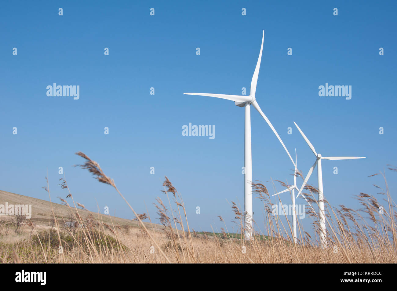 Windenergieanlagen mit blauer Himmel Stockfoto