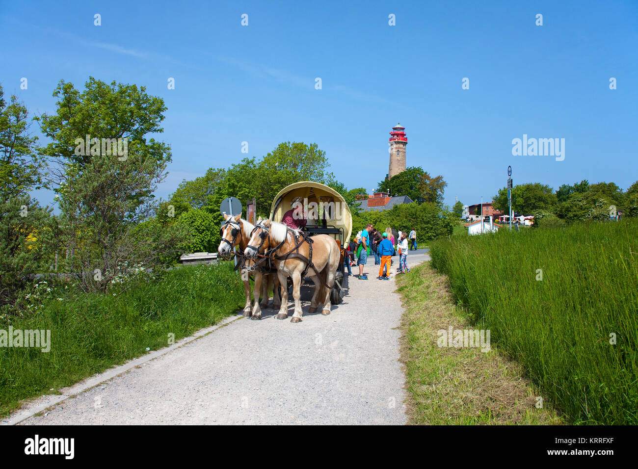 Pferdekutsche am Kap Arkona, neuen Leuchtturm, Nordkap, Insel Rügen, Mecklenburg-Vorpommern, Ostsee, Deutschland, Europa Stockfoto