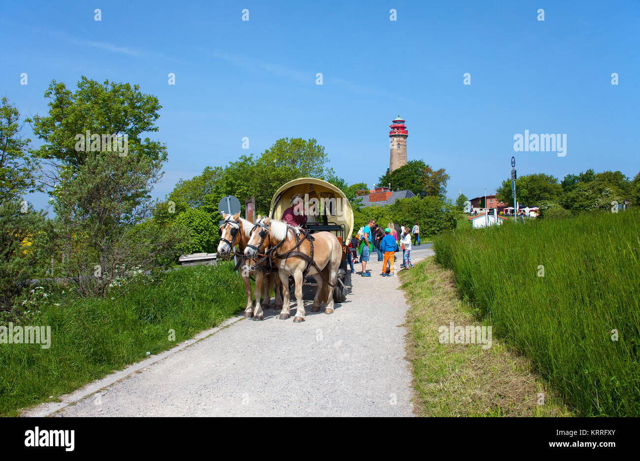 Pferdekutsche am Kap Arkona, neuen Leuchtturm, Nordkap, Insel Rügen, Mecklenburg-Vorpommern, Ostsee, Deutschland, Europa Stockfoto