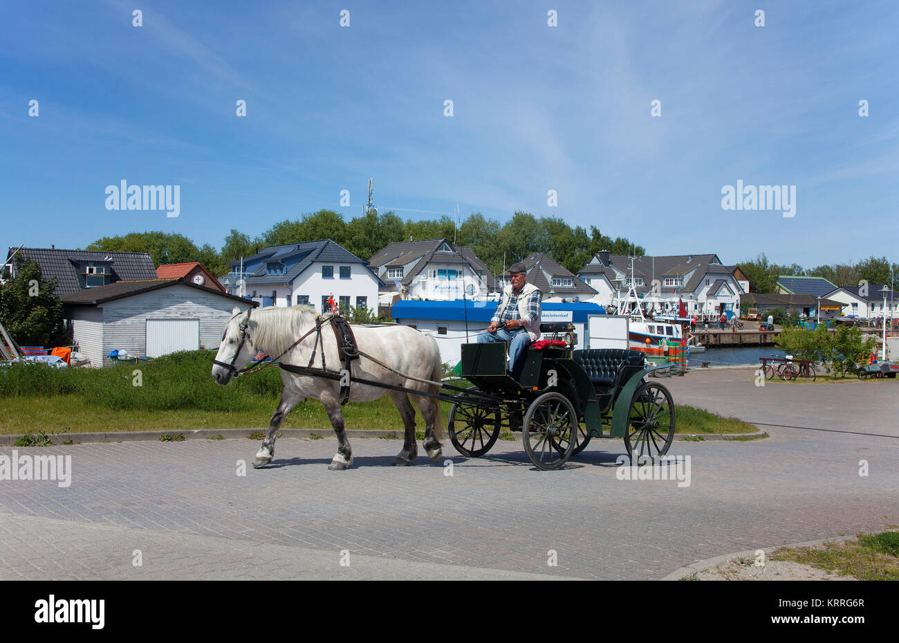Pferdekutsche am Hafen des Dorfes Vitte, Insel Hiddensee, Mecklenburg-Vorpommern, Ostsee, Deutschland, Europa Stockfoto