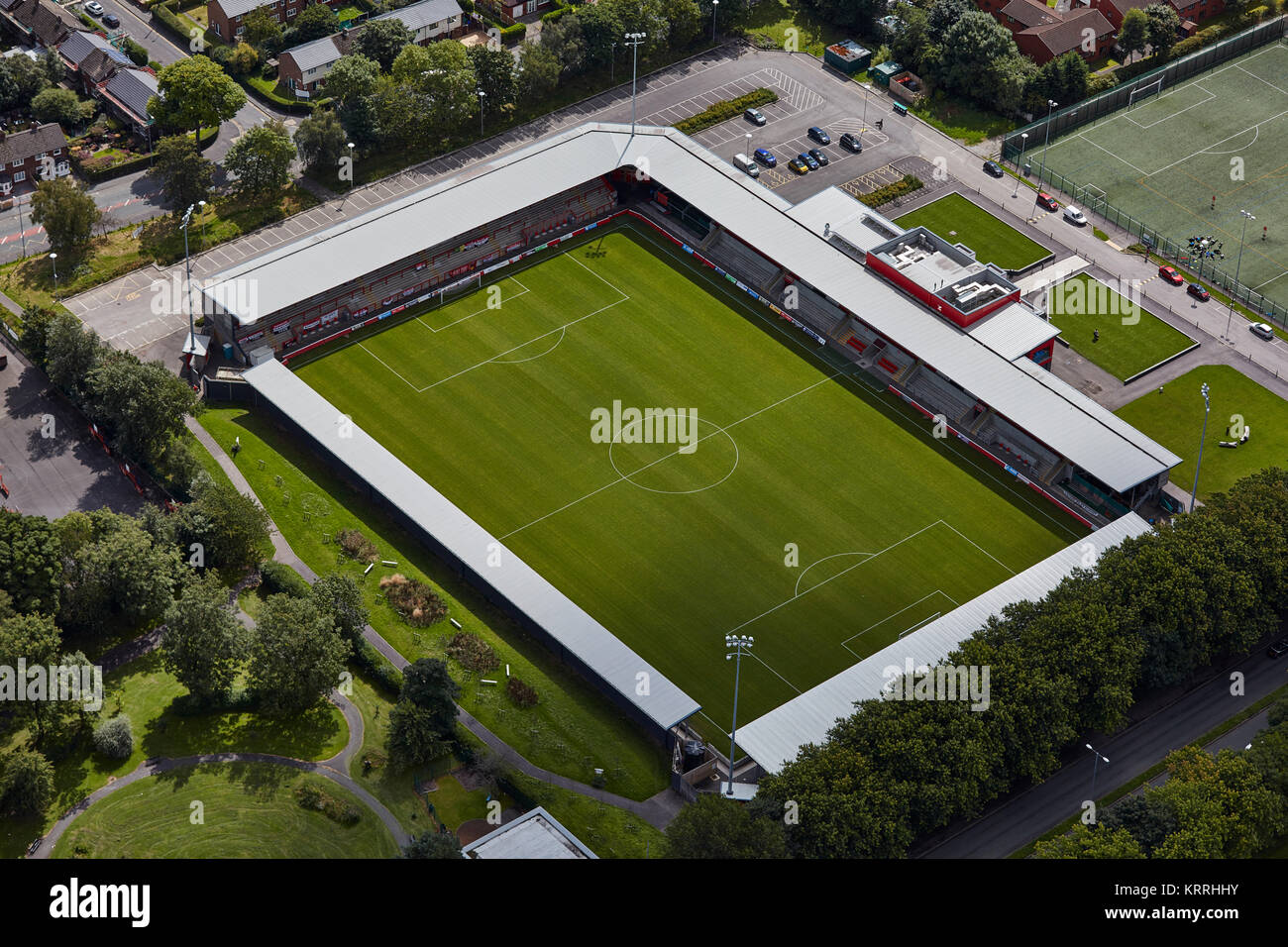Eine Luftaufnahme von Broadhurst Park, der Heimat des FC United Manchester Stockfoto